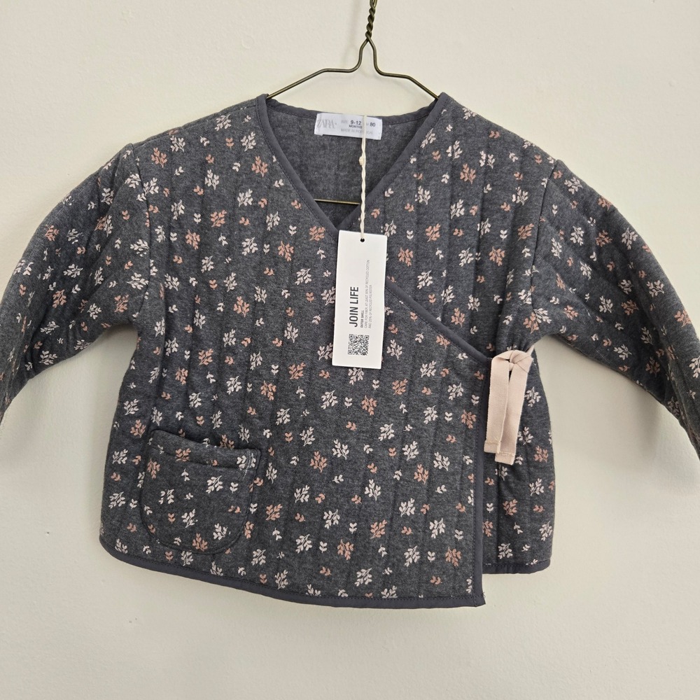 Zara Baby Girls Quilted Floral Kimono Jacket Grey Pink‎ 9-12 Months NWT